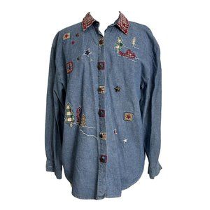 Vtg Teddi Womens Blouse Size Medium Shirt Denim Embroidered Canoe Teepee Stars